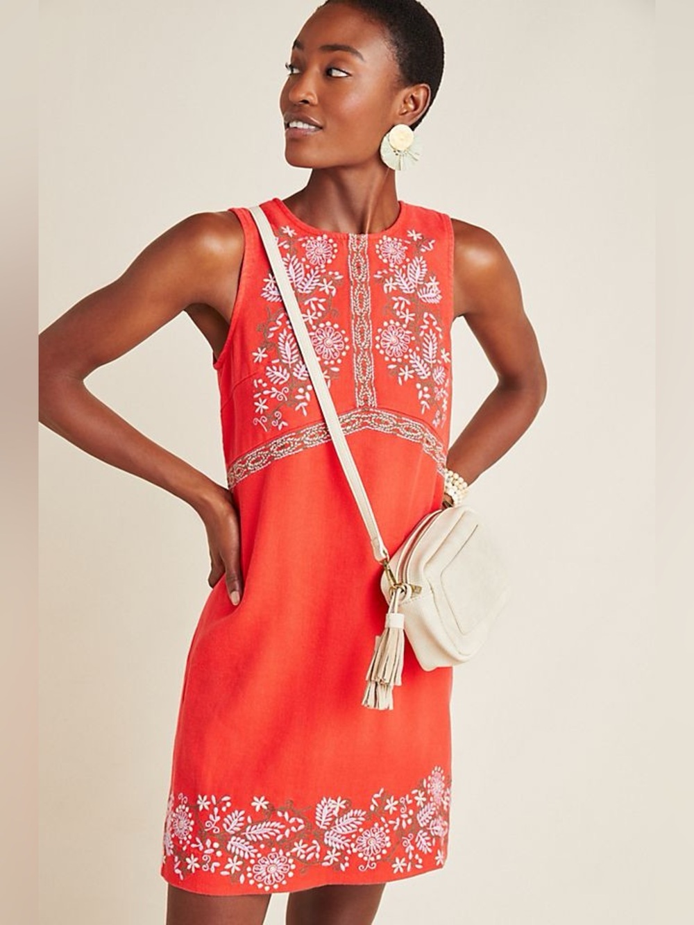 Anthropologie Aiko Red Sleeveless Embroidered Shift Dress